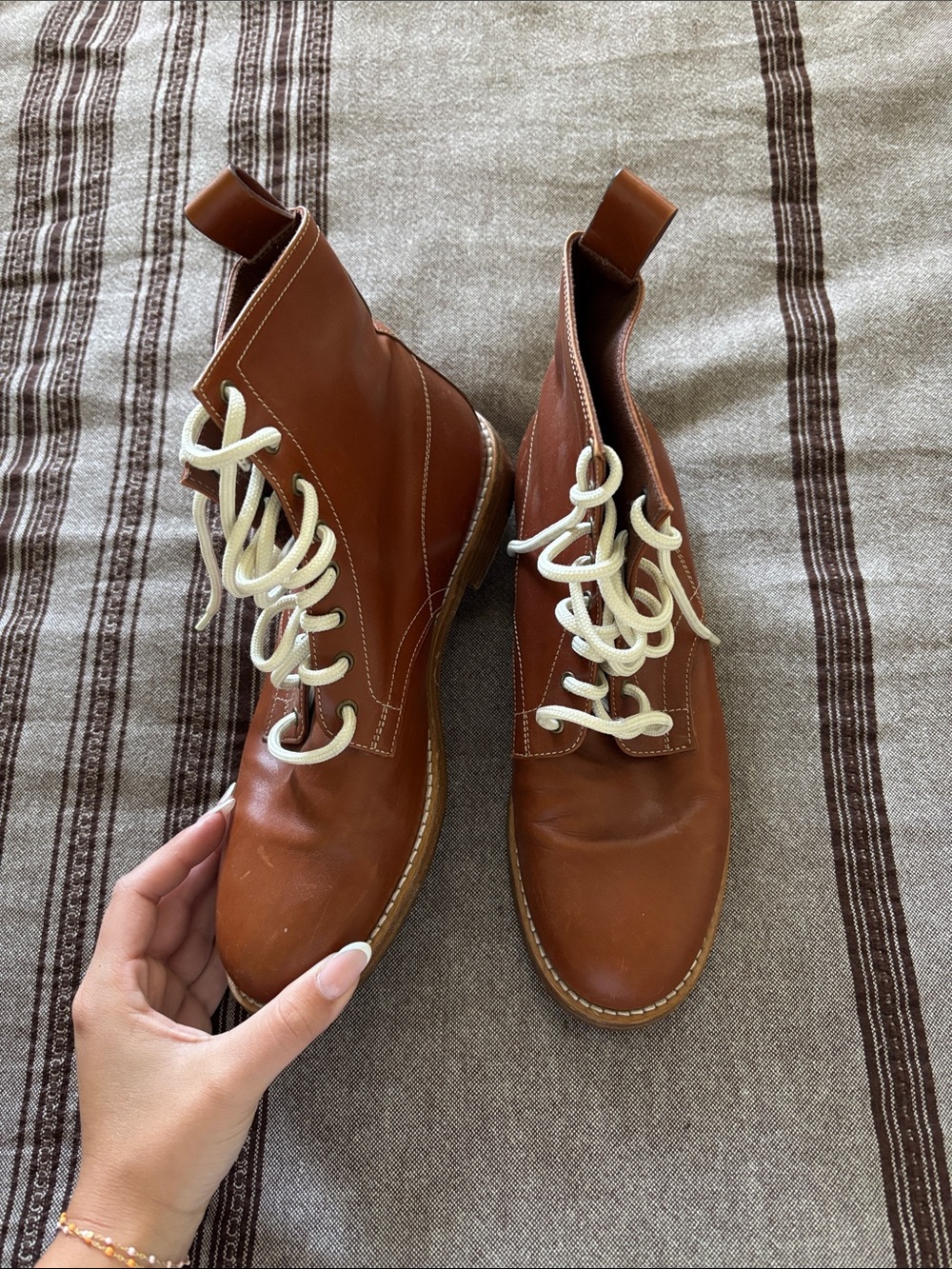 Jenni Kayne Chestnut Leather Lace-Up Ankle Boots with Cream Laces